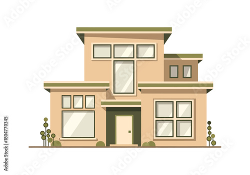 Flat illustration of a contemporary twostory beige house with green trim