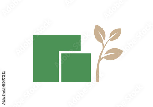Green and tan logo featuring two overlapping squares and a stylized plant sprout