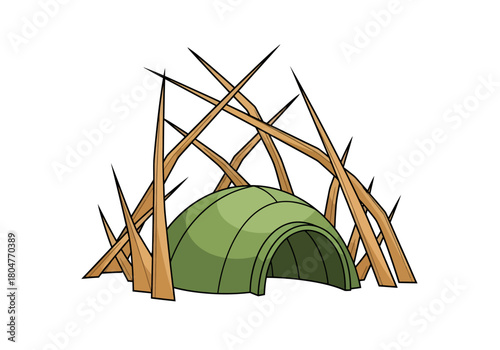 Green domed shelter surrounded by sharp brown thorns or branches