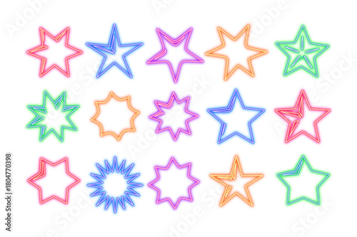 Neon effect collection of colorful star shapes with a glitter effect, isolated on transparent background