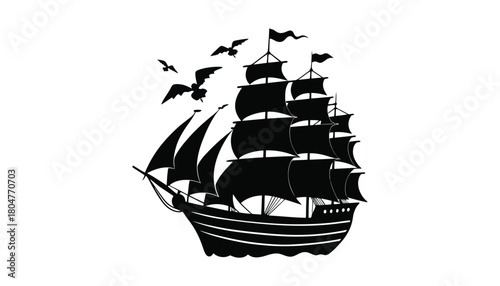 Black silhouette ship sailing with birds vector illustration
