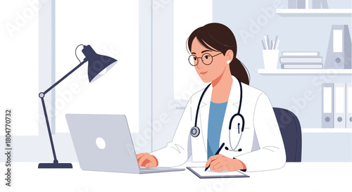 Female physician in white coat holding clipboard and smiling at a clinic desk with a laptop