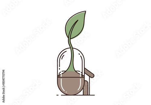 Minimalist illustration of a green sprout emerging from a capsuleshaped planter