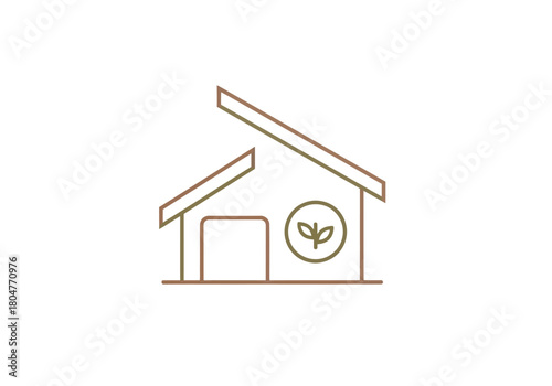 Outline drawing of a greenhouse or shed with a sprout icon