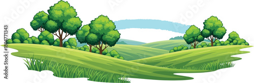 Rolling green hills landscape with trees and grass under a blue sky backdrop