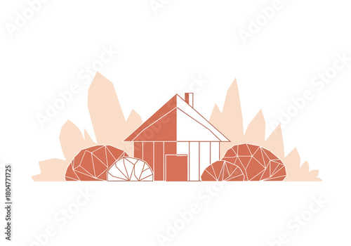 Stylized house illustration with geometric shrubs and crystalline background elements