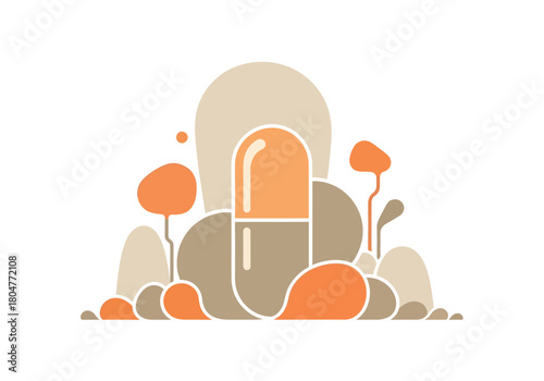 Stylized orange and beige capsule surrounded by abstract organic shapes
