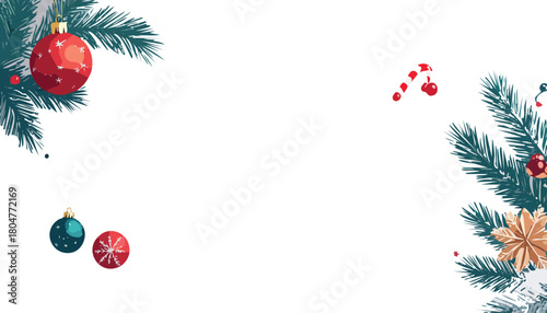 Christmas holiday background with tree branches and ornaments