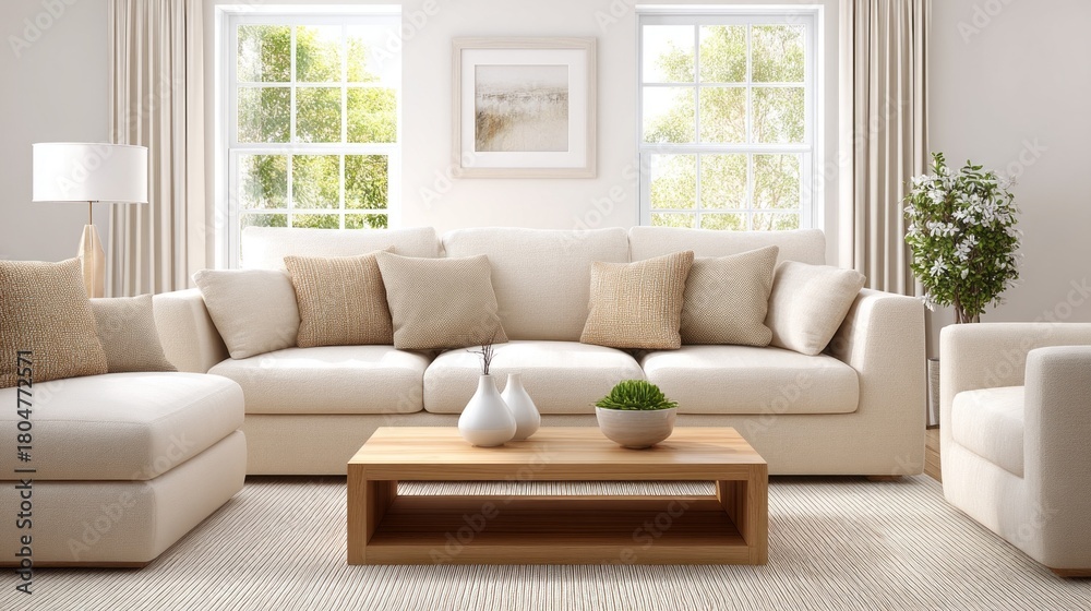 Fototapeta premium Cozy living room features a stylish beige sofa and elegant decor, filled with sunlight. Green plants add freshness, creating a welcoming atmosphere for relaxation and socializing