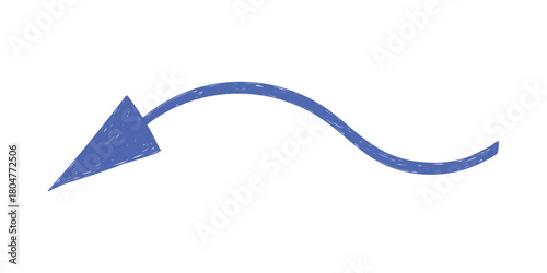 Hand drawn crayon movement blue arrow. Grunge squiggly arrow. Pencil chalk lines sketch. Color brush scribble element. Doodle vector illustration.