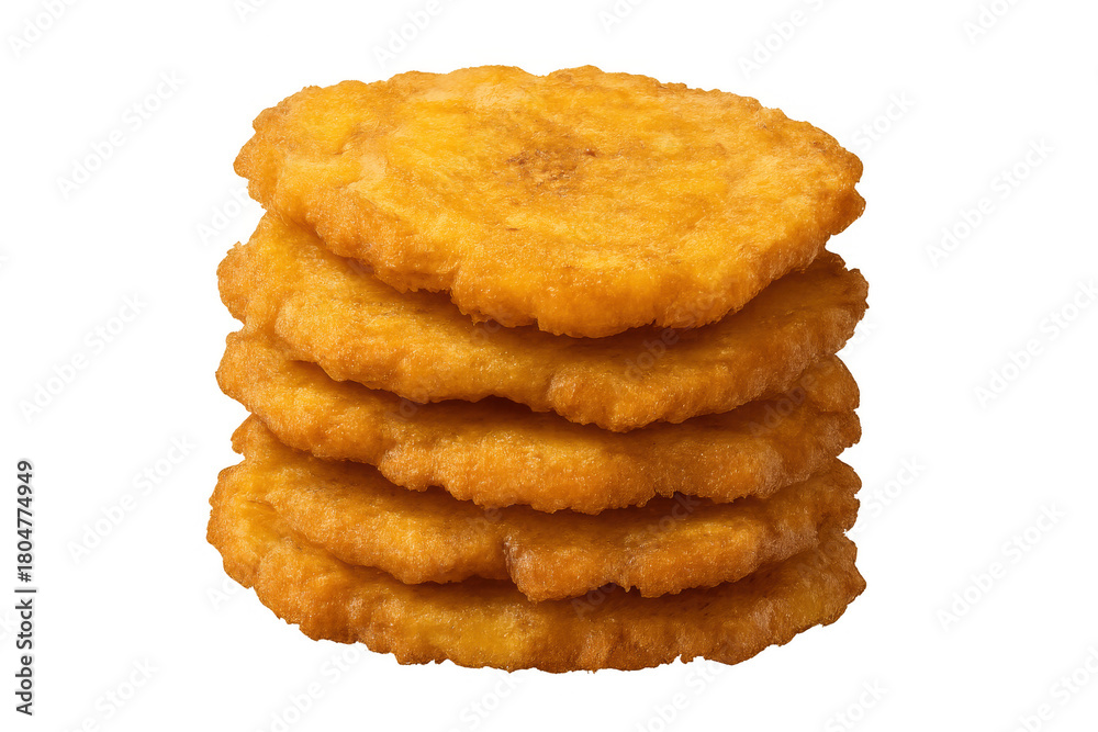 Fototapeta premium Stack of golden fried plantain tostones, traditional latin american snack, appetizer, side dish, green plantain, transparent background