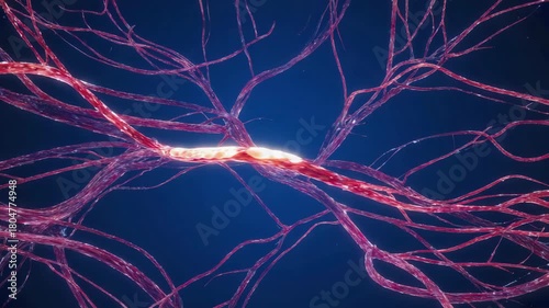 Microscopic view of a neuron with branching dendrites and axon Keywords: neuron, nerve, cell, brain, science, biology, medical