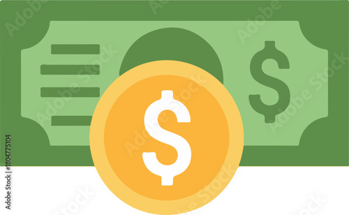 Illustration of a green dollar bill with a gold coin on top.