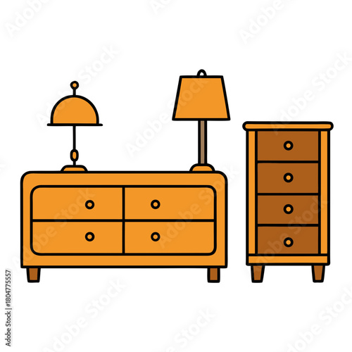 Orange dresser and tall chest of drawers with lamps on black background