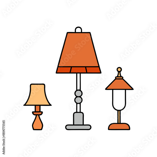 Collection of three stylized lamps in orange and beige on black background