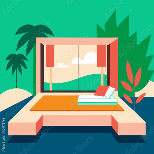 Modern minimalist tropical resort lounge with ocean view and palm trees