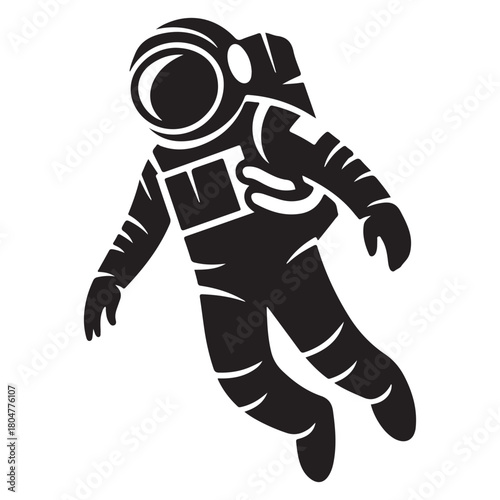 Black and white silhouette vector illustration of an astronaut floating in space, isolated on white background