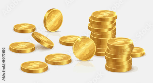Dynamic depiction of cascading gold coins falling onto stacks with a dark background emphasizing