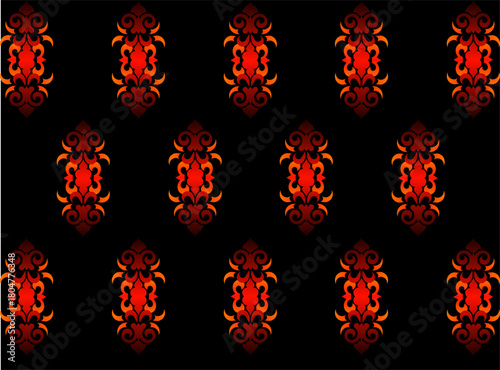 Ornamental red glowing motif arranged in a neat symmetrical pattern on a black background, ideal for elegant and dramatic decorative themes.