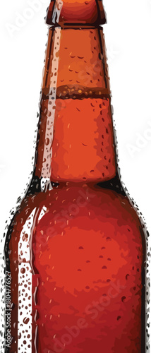 Refreshing amber beer bottle with condensation against a clean white background