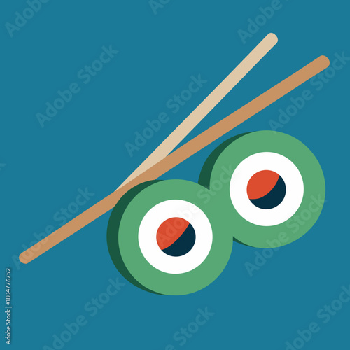 Stylized illustration of sushi rolls with chopsticks on a blue background