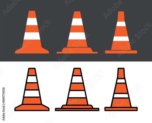 Traffic cone icon. Automobile symbol, orange plastic cone for road marking. Designation or fencing of a hazardous road section, road construction, or accident. Cone for marking boundaries or contours.