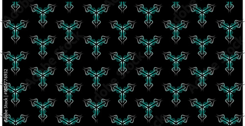 Dark seamless pattern featuring glowing turquoise abstract tribal shapes, ideal for backgrounds, prints, and futuristic decorative designs.