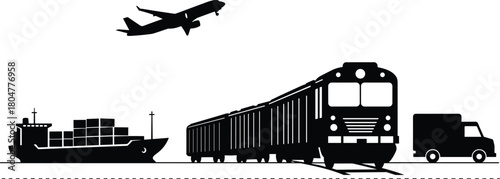 Transportation modes silhouette, cargo ship, airplane, train, truck, logistics vector, black and white transport icons, global delivery infrastructure graphic