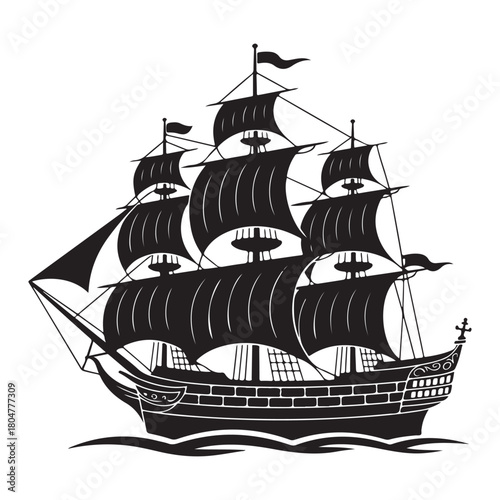 Black and white silhouette vector illustration of a historic sailing ship isolated on white background