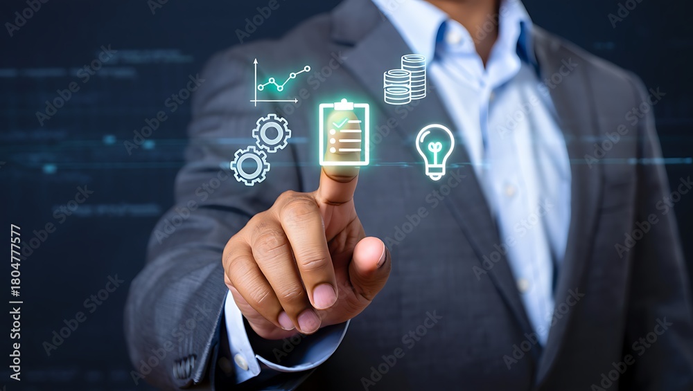 Obraz premium Business man touching digital screen with success icons floating