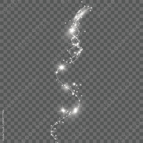 Soft glowing white light trails with bright glitter particles on a transparent background. Hazy curved swirls of glitter for light overlays and magical effects.