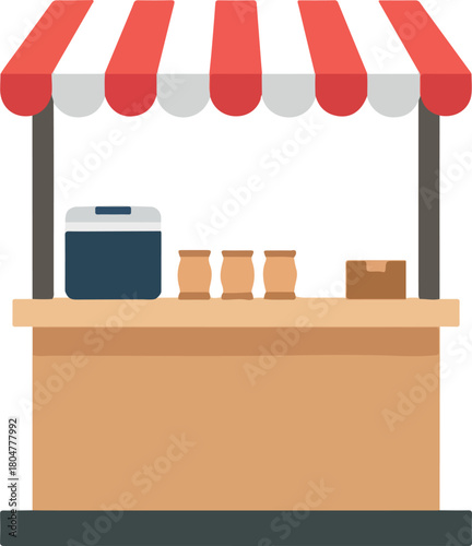 Illustration of a market stall with a striped awning and various items on the counter.