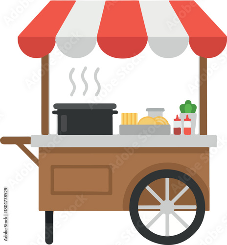 Illustration of a food cart with a red and white striped awning.