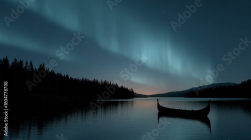 Silent Viking longship beneath ethereal auroras, Nordic winter solstice whispers, enchanted fjord serenity, mystical celestial tapestry unfolding