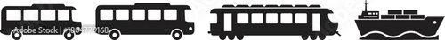 Transportation silhouettes, bus icon, van graphic, passenger train, cargo ship, public transport symbols, commercial vehicle illustration, travel infrastructure, logistics concept