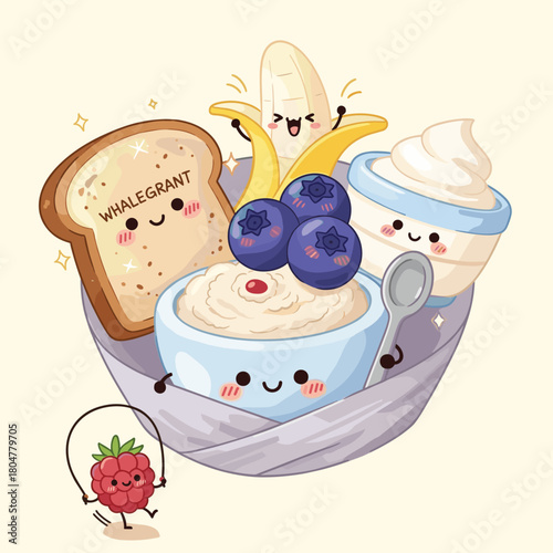 A cheerful cartoon illustration of various breakfast foods with happy faces, including toast, banana, oatmeal, blueberries, yogurt, and a jumping raspberry.