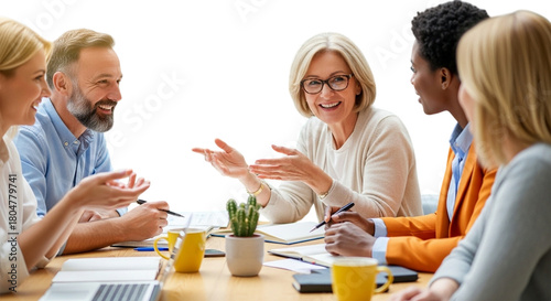 A diverse group of business people of various ages and ethnicities engaged in a lively discussion around a conference table, isolated on transparent background