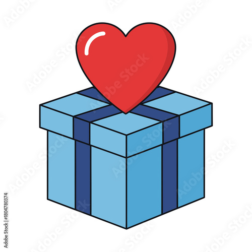 A blue gift box with a red heart on top. The box is tied with