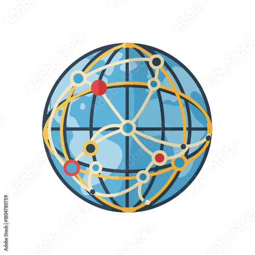 A globe illustration features interconnected lines and colored dots representing global connections.