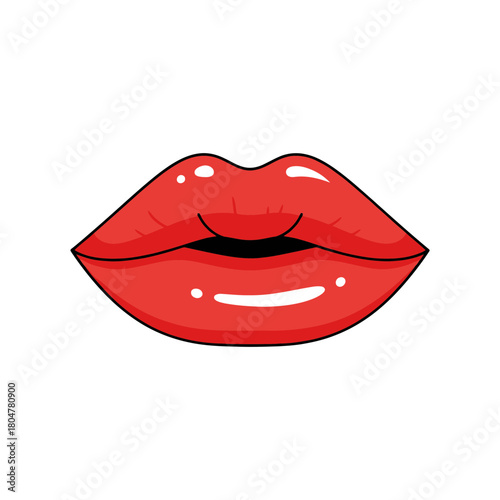 Red cartoon lips are depicted showing a slight smile and glossy finish.