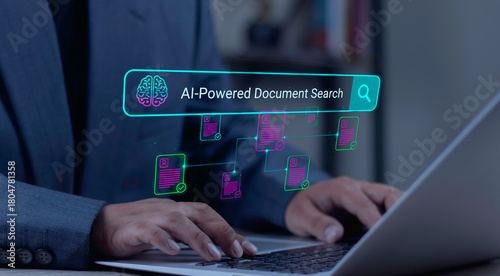 Photography Businessman uses an AI-Powered Document Search bar on a laptop
