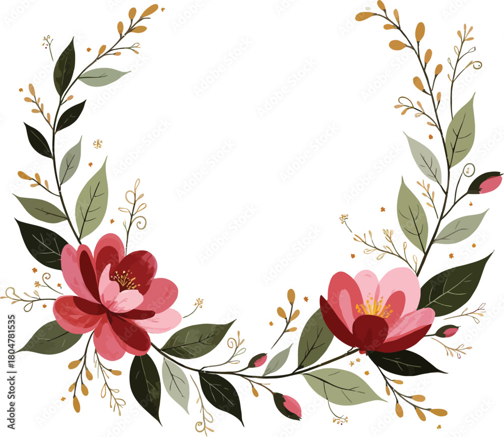 Obraz premium Elegant floral wreath with red and pink flowers isolated on white