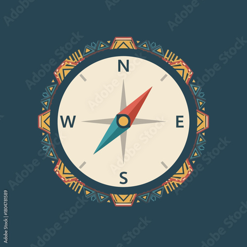 A compass shows directions with a needle and markings indicating north south east west.