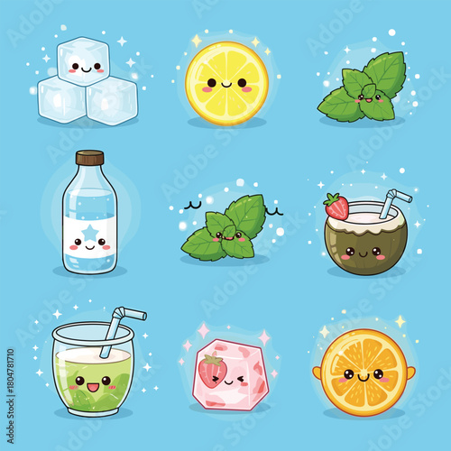 Adorable kawaii-style illustrations of various refreshing drink elements and prepared beverages with happy faces.