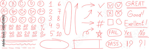Hand drawn red correction marks, check mark, cross mark isolated on