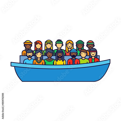 People of diverse skin tones are seated in a blue boat together.