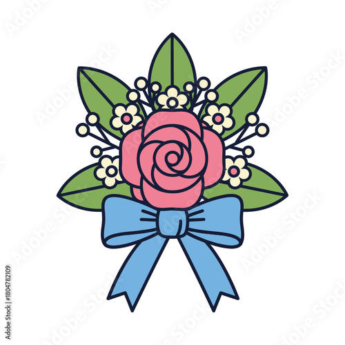 A pink rose with green leaves small white flowers and a blue bow.