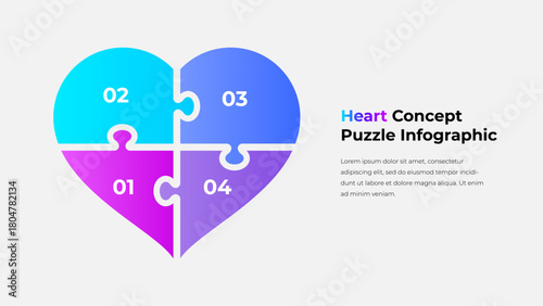Heart Puzzle Infographic Vector. Four Part Gradient Diagram for Emotion, Relationship, Medical, Health, Love, and Human Concept Visualization