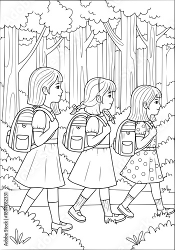 schoolgirls are walking in the park. coloring book