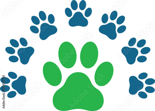 Circular arrangement of dog or cat paw prints in teal and green colors on a clean white background perfect for veterinary clinic branding